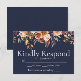 Fall Foliage Bloral Navy Blue Wedding RSVP Card Dankeskarte