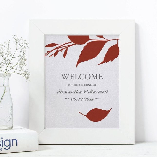 Fall Foliage Burnt Orange Blätter Hochzeit Begrüßu Poster (Orange wedding welcome sign minimalistic leaves )