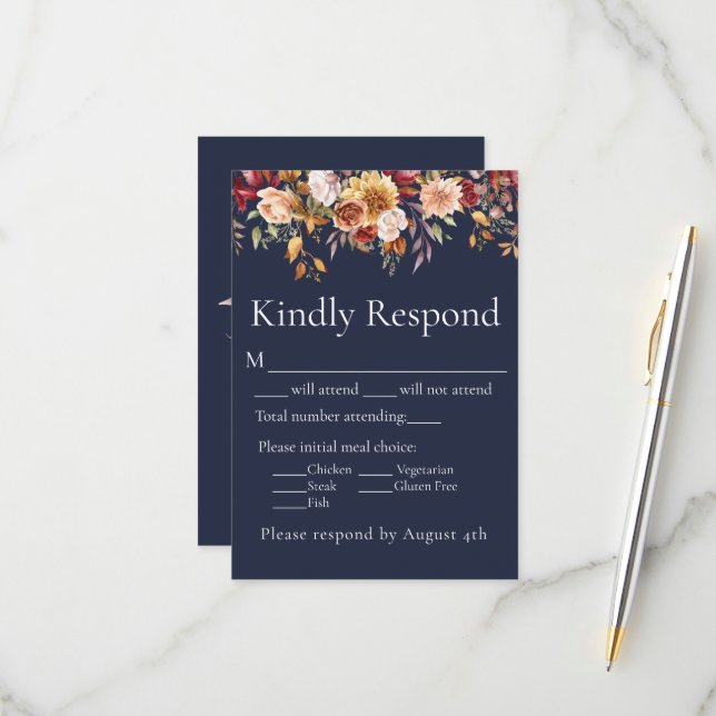 Fall Foliage Floral Navy Blue Wedding RSVP (Vorderseite/Rückseite Beispiel)