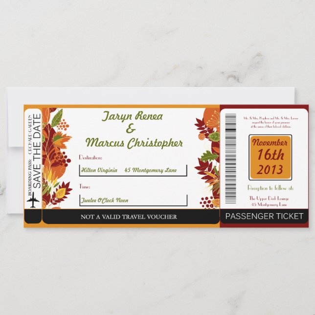Fall Foliage Leav Boarding Pass Einladung Hochzeit (Vorderseite)
