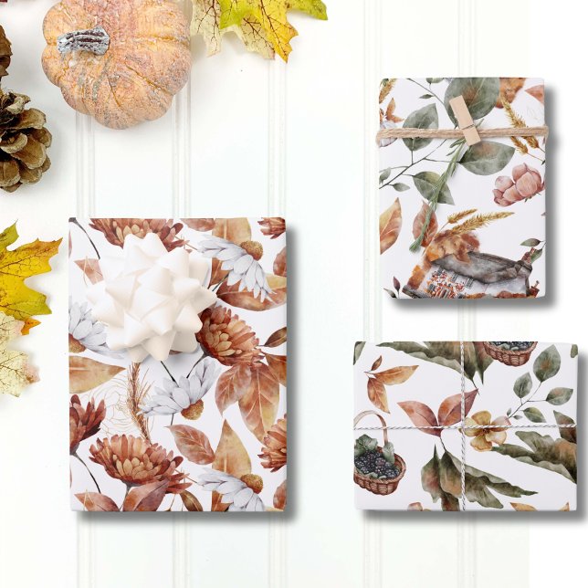 Fall Foliage Rustikale Botanische Muster Geschenkpapier Set (Fall Foliage Rustic Watercolor Botanical Pattern Wrapping Paper Sheets)