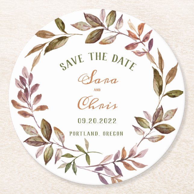 Fall Foliage & Sukkuläre Wasserfarbe Save the Date Runder Pappuntersetzer (Vorderseite)