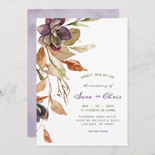 Fall Foliage und Sukkulent | Lila Wasserfarbe Einladung (Vorne/Hinten)