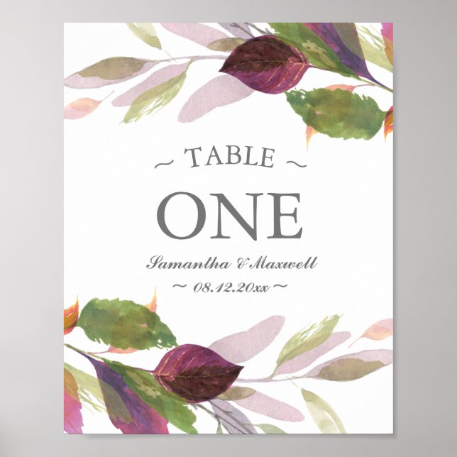 Fall Foliage Watercolor Blätter Tischnummer Poster (Vorne)