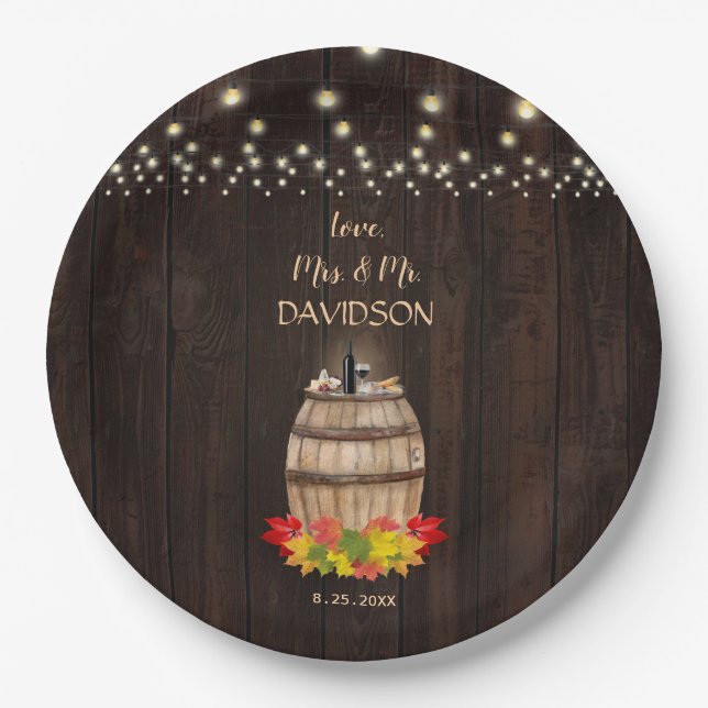 Fall Foliage Wine Barrel Weinberg Hochzeit Pappteller (Vorderseite)