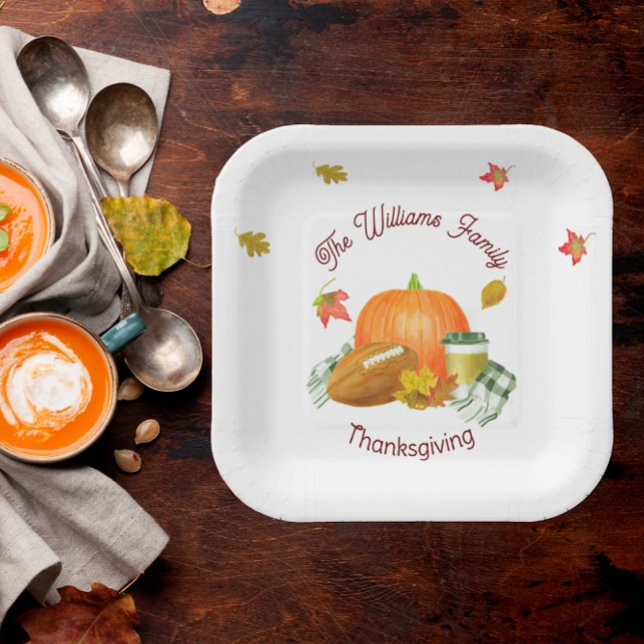 Fall Football Pumpkin Latte Watercolor Pappteller (Von Creator hochgeladen)