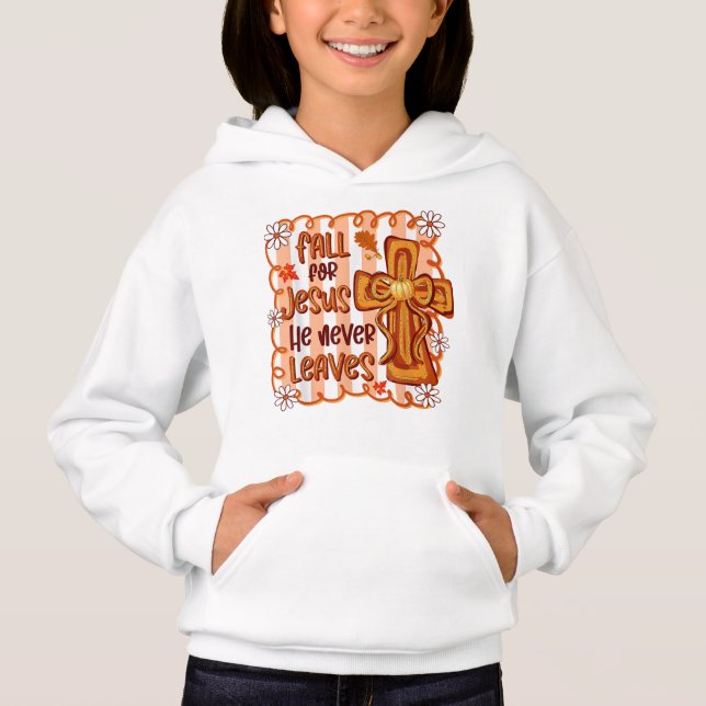 Fall for Jesus – He Never Leaves Autumn Faith Hoodie (Vorderseite)
