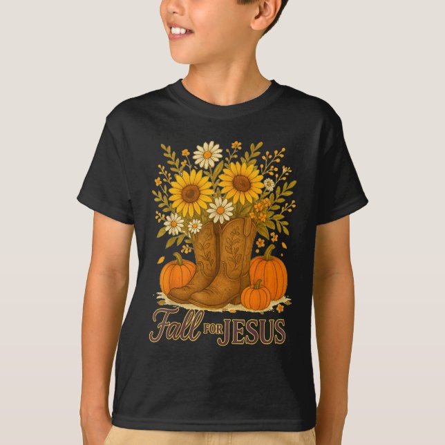 Fall For Jesus Western Boots Pumpkin Floral Faith  T-Shirt (Vorderseite)