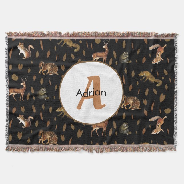 Fall Forest Animals Autumn Leaves Monogram Decke (Vorderseite)