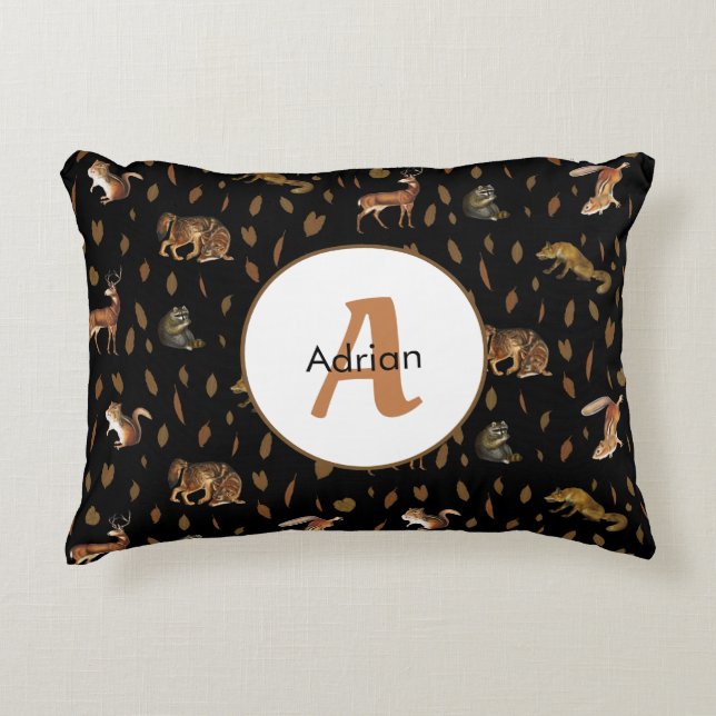 Fall Forest Animals Autumn Leaves Monogram Dekokissen (Vorderseite)