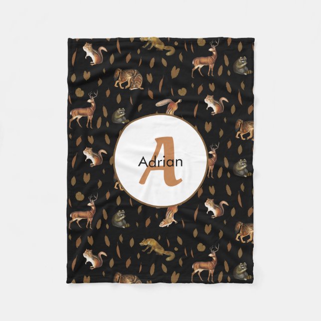 Fall Forest Animals Autumn Leaves Monogram Fleecedecke (Vorderseite)