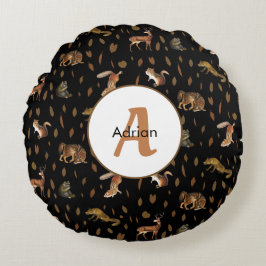 Fall Forest Animals Autumn Leaves Monogram Rundes Kissen