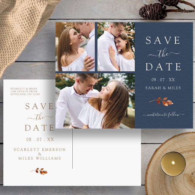 Fall Foto Collage Hochzeit speichern Datum Ankündigungspostkarte (Autumn Navy Blue Photo Collage Wedding Save The Date Announcement Postcard by Painted Paperie
)