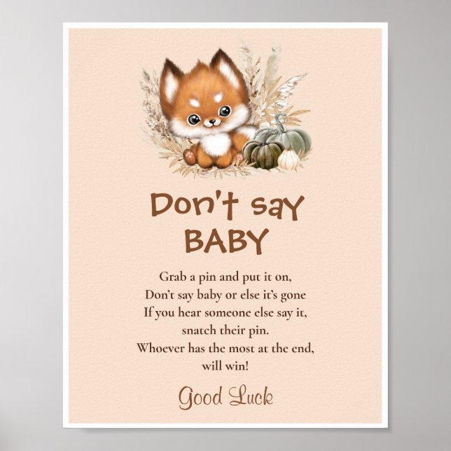 Fall Fox Babydusche Say Baby Game Sign Poster (Vorne)
