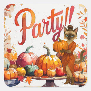 Fall Friendsgiving-Party für Cat Lovers Quadratischer Aufkleber