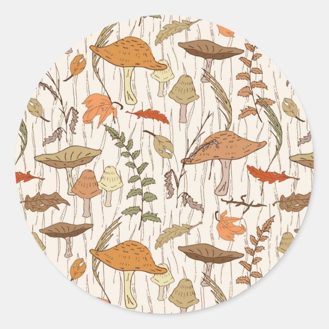 Fall Fungi und Blätter - nahtloses Muster. Runder Aufkleber (Vorderseite)