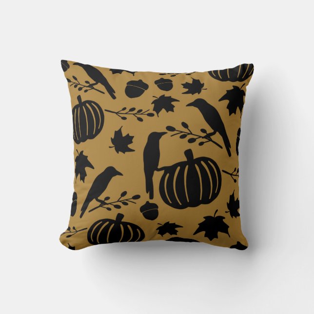 Fall Gold Orange Yellow Black Crow Autumn Pumpen Kissen (Vorderseite)