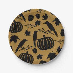 Fall Gold Orange Yellow Black Crow Autumn Pumpen Pappteller