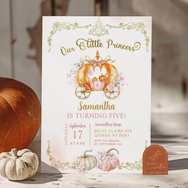 Fall Gold Pink Princess Pumpkin Carriage Birthday Einladung (Von Creator hochgeladen)