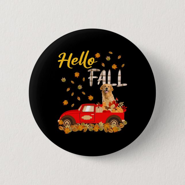 Fall Golden Retriever Leaf Herbst Red Truck Dog Lo Button (Vorderseite)