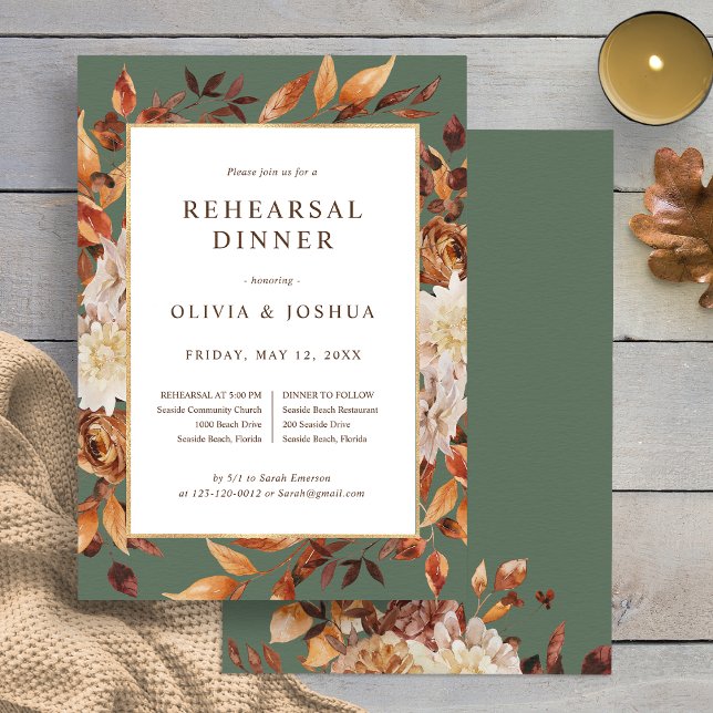 Fall Green Wedding Probe Dinner Einladung (Elegant Fall Sage Green Floral Wedding Rehearsal Dinner Invitation by Painted Paperie
)