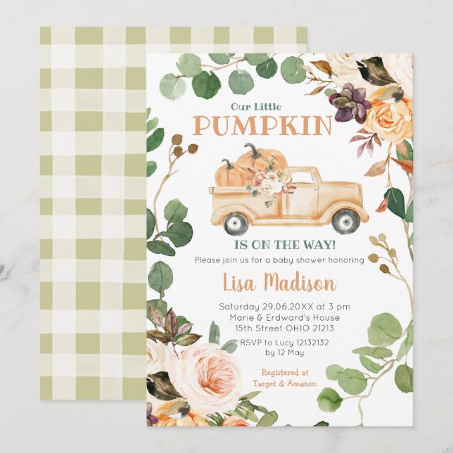 Fall Greenery Peach Pumpkin Truck Baby Shower Einladung (Vorne/Hinten)