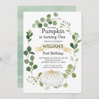 Fall Greenery Pumpkin Boy Erster Geburtstag Einladung