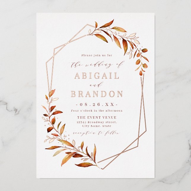 Fall Greenery Rose Gold Geometric Rustic Wedding Folieneinladung (Vorderseite)