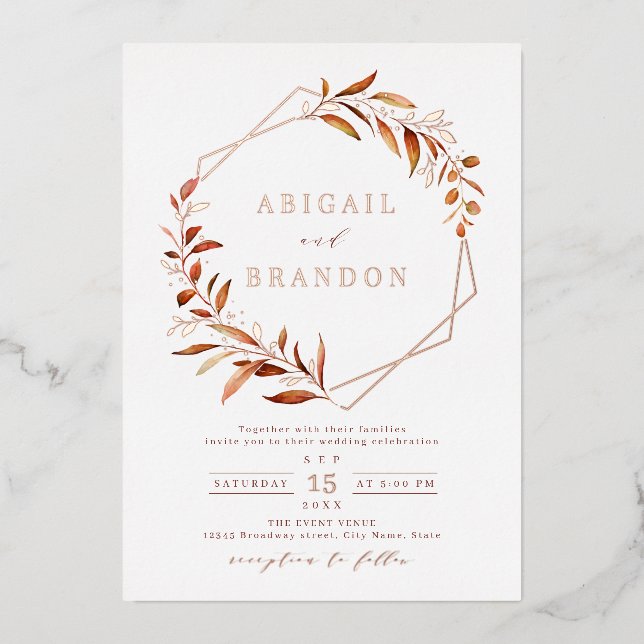 Fall Greenery Rose Gold Geometric Rustic Wedding Folieneinladung (Vorderseite)