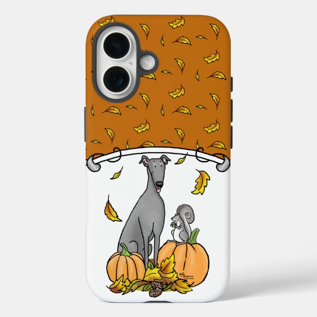 Fall Greyhound (grau) Dog Pumpkins Blätter Funny Case-Mate iPhone Hülle (Rückseite)