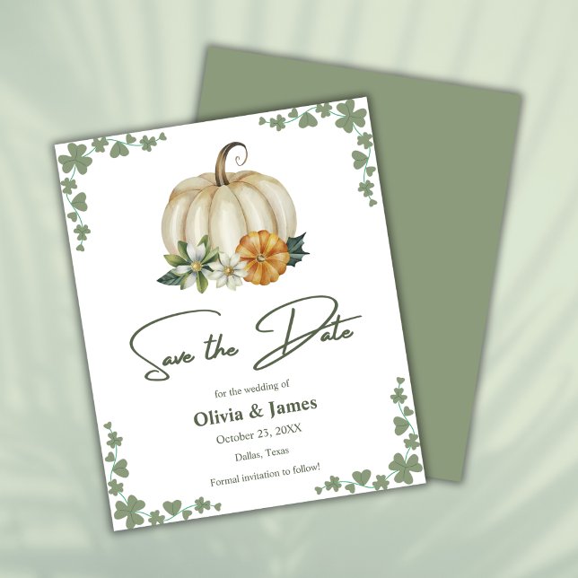 Fall in der Liebe, Alter grüne Hochzeit Speichern  (Budget Fall in Love Pumpkin Greenery Sage Green Wedding Save The Date Card )