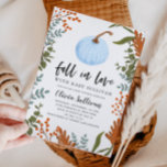 Fall in Liebe Blue Pumpkin Baby Dusche Einladung<br><div class="desc">Whimsikale und rustikale Babydusche Einladungskarte mit Abbildung eines blauen Kürbis mit Herbstblättern und Grünpflanzen um die Karte herum. Im Text steht "Fall in Liebe mit Baby XX". Ideal für einen Jungen,  der im Erntedank duscht.</div>