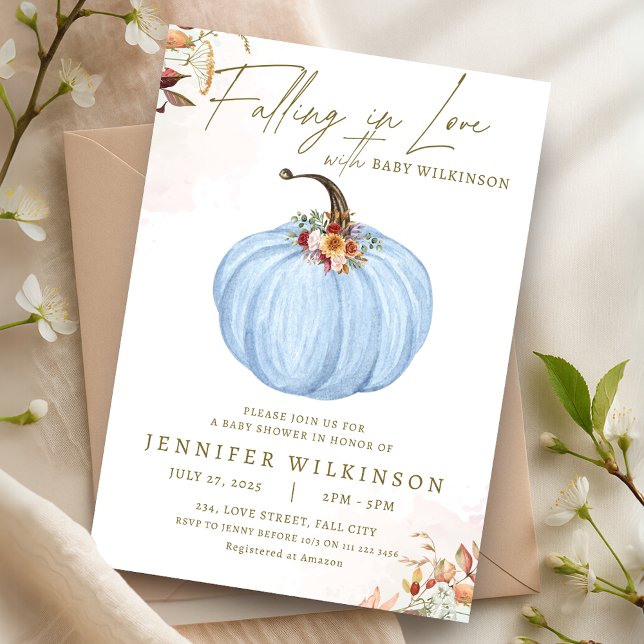 Fall in Liebe Blue Pumpkin Boy Babydusche Einladung (Fall in Love Blue Pumpkin Boy Baby Shower Invitation)