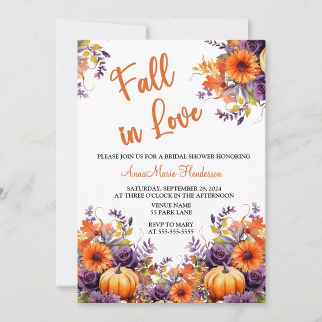 Fall in Liebe Brautparty Pumpkin Purple Blumen Einladung (Vorderseite)