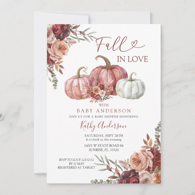 Fall in Liebe Floral Pumpkin Baby Dusche Party Einladung (Vorderseite)
