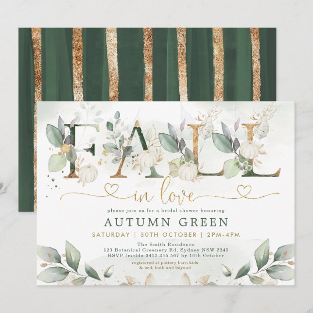 Fall in Liebe Greenery Gold Pumpkin Brautparty Einladung (Vorne/Hinten)
