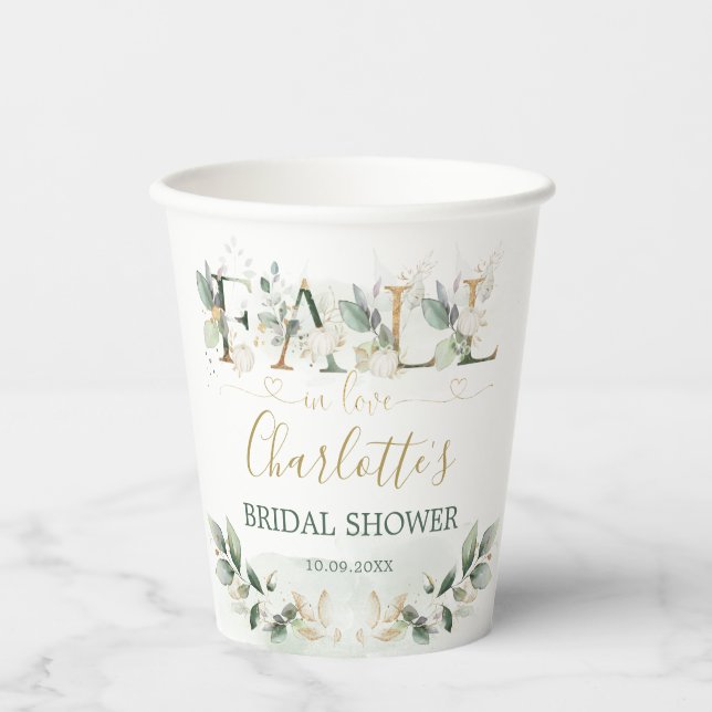 Fall in Liebe Greenery Gold Pumpkin Brautparty Pappbecher (Vorderseite)