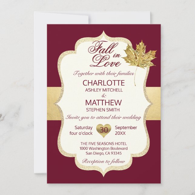 FALL IN LIEBE Herbst Burgund Gold Leaf Hochzeit Einladung (Vorderseite)