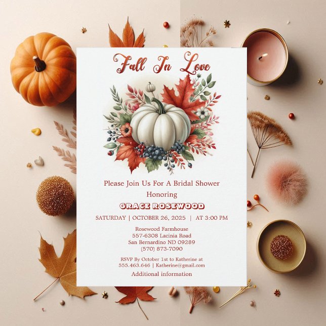 Fall in Liebe Pumpkin Land Rustikales Brautparty Einladung (Fall In Love White Pumpkin Botanical Boho Rustic Invitation)