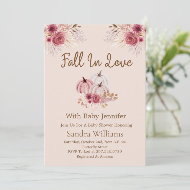 Fall In Love Boho Pink Pumpkin Autumn Baby Shower Einladung (Stehend Vorderseite)