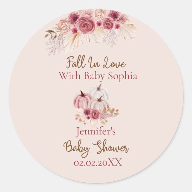 Fall In Love Boho Pink Pumpkin Baby Shower Runder Aufkleber (Vorderseite)