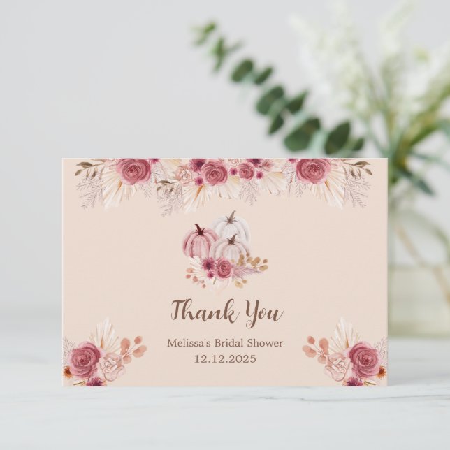 Fall In Love Boho Pink Pumpkin Bridal Shower  Karte (Stehend Vorderseite)