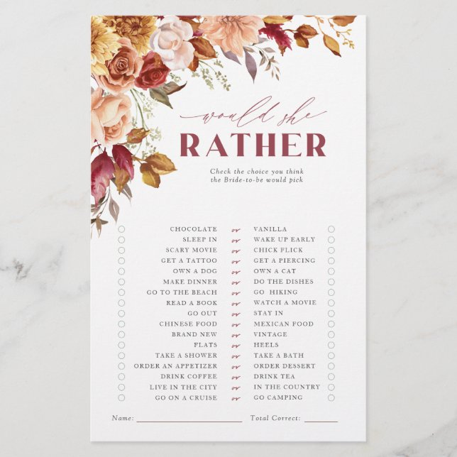 Fall in Love Bridal Shower Game Would she rather (Vorderseite)