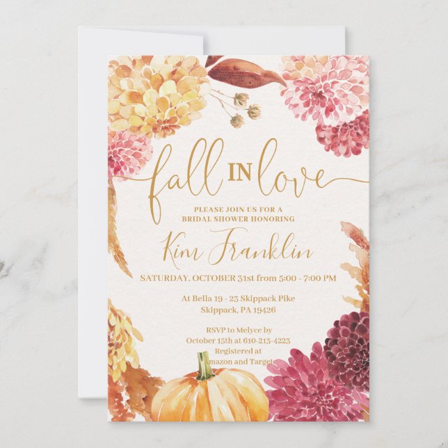 Fall in Love Floral and Gold Bridal Shower Invitat Einladung (Vorderseite)