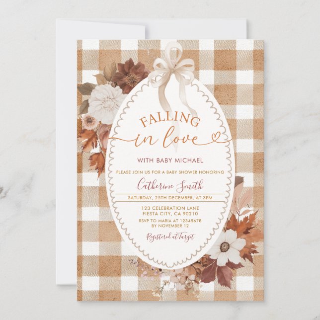 Fall in love Flowers Baby shower Gingham Einladung (Vorderseite)
