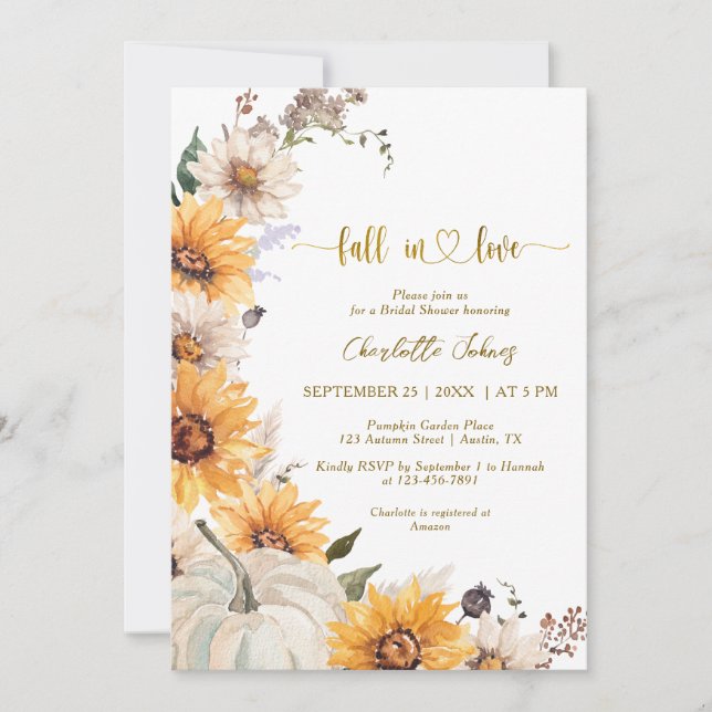 Fall In Love Gold Sunflowers Daisies Bridal Shower Einladung (Vorderseite)