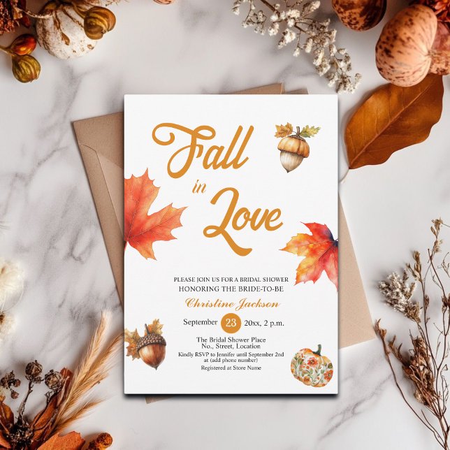 Fall in Love Maple Leaves Acorns Bridal Shower  Einladung (Von Creator hochgeladen)