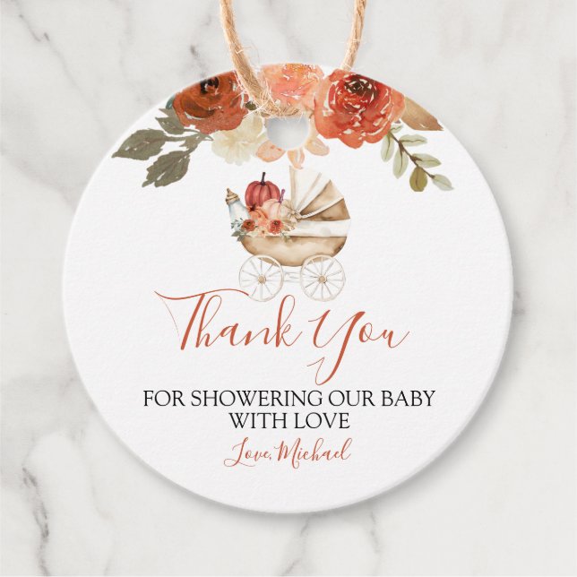 Fall In Love Pumpkin Stroller Floral Baby Shower Geschenkanhänger (Vorderseite)