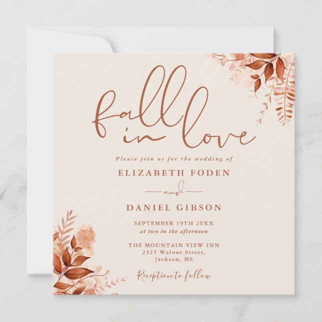 Fall In Love Rustic Autumn Floral Wedding Einladung (Vorderseite)