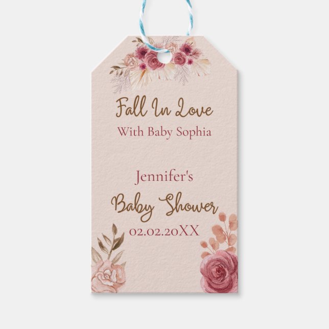 Fall In Love Rustic Pink Floral Baby Shower  Geschenkanhänger (Vorderseite)